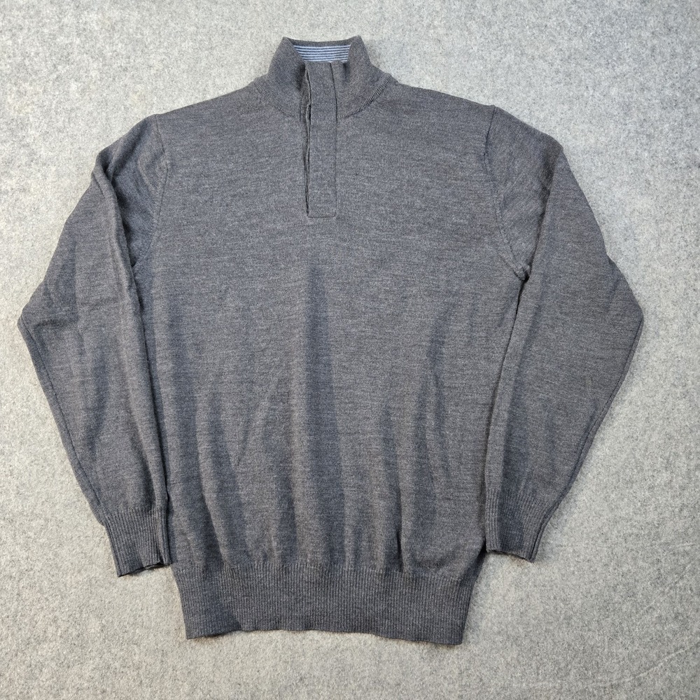 Charles Tyrwhitt Polo Sweater Mens Medium Gray 100% Fine Merino Wool Preppy